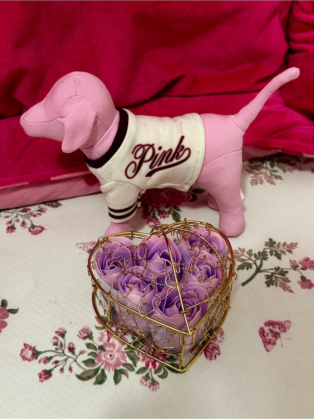 PINK Victoria's Secret Pink Plush Dog Figurine + Incased Roses Gift